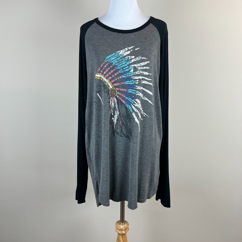 Rock & Roll Cowgirl Tunic Top Womens XL Gray Indian Headdress Female Graphic